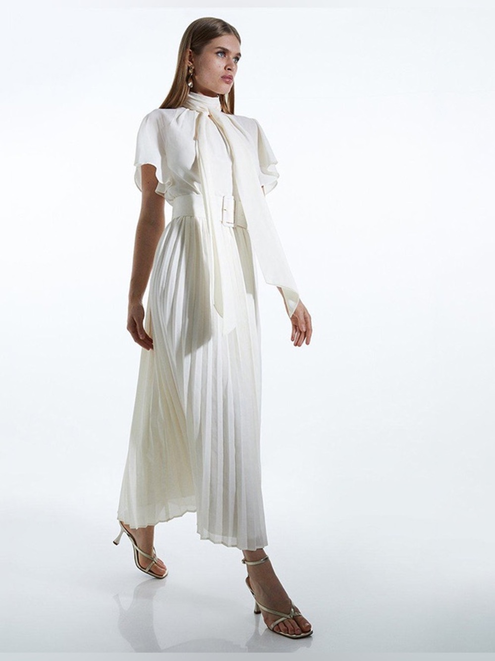 NWOT Karen Millen high neck tie pleated midi dress size 4 white - Picture 2 of 16